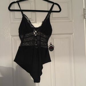 black lace and mesh bodysuit with adjustable straps